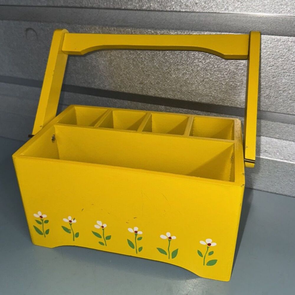 VTG Teleflora 1984 Wooden Planter Caddy - Yellow Floral Organizer Box